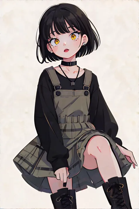 <lora:90style:0.8>, 1girl, wearing wearing 90s fashion: khaki plaid cotton sheath button-front pinafore sundress layered over a black long sleeve t-shirt, combat boots, choker necklace, dark lipstick || <lora:90style:0.5>, masterpiece, perfect quality, sharp focus, shallow depth of field, 8k