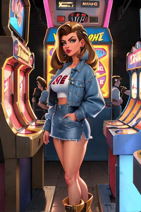 woman wearing oversized denim jacket and white crop t-shirt, denim mini skirt, platform boots, dark lipstick, 90s video game arcade, skee ball, bright lights, prize counter, ticket machine, 1990s style long layered haircut, brown hair with thick chunky dyed blonde streaks, burgundy, cream, gold || masterpiece, 8k, high resolution, shallow depth of field, sharp focus, highly detailed