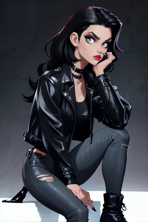 woman wearing 90s fashion: black leather jacket, tight black jeans, combat boots, black makeup, black nail polish