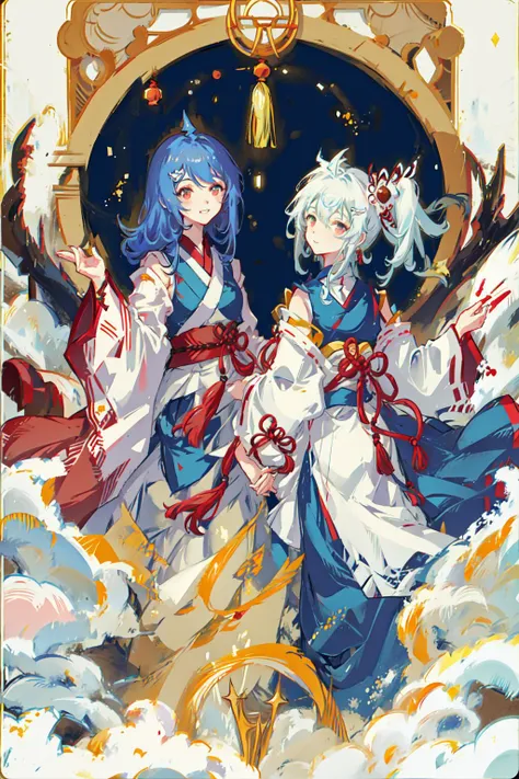 multiple girls,2girls, blue hair, negative space,shuimobysim , willow branches, (masterpiece, best quality:1.2), traditional chinese ink painting, modelshoot style, peaceful, (smile), looking at viewer, wearing long hanfu, hanfu, song, willow tree in background,corneo_mercy,
<lora:bilibili2233Impart_v10:1> <lora:animeTarotCardArtStyleLora_v31:1>