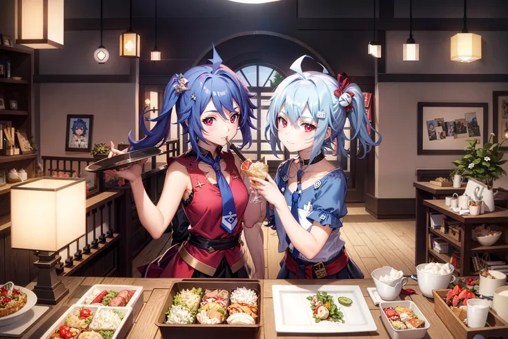 masterpiece, best quality,bilibili,multiple girls, red eyes, long hair, blue hair, necktie, one side up, ahoge, short sleeves, looking at viewer, closed mouth,(kbxll:0.6)