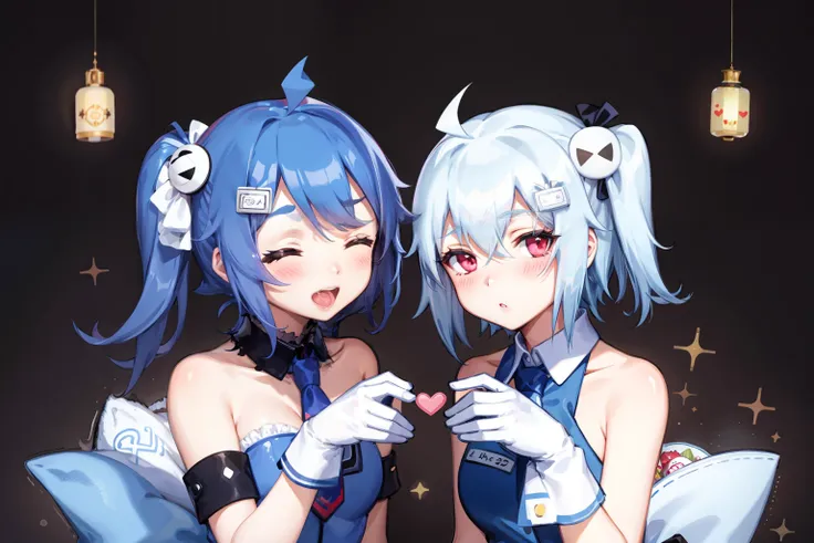 masterpiece, best quality,multiple girls, 2girls, blue hair, closed eyes, gloves, blush, ahoge, heart, necktie, white gloves, hair ornament, open mouth, long hair, red eyes, one side up,(kbxll:0.6)