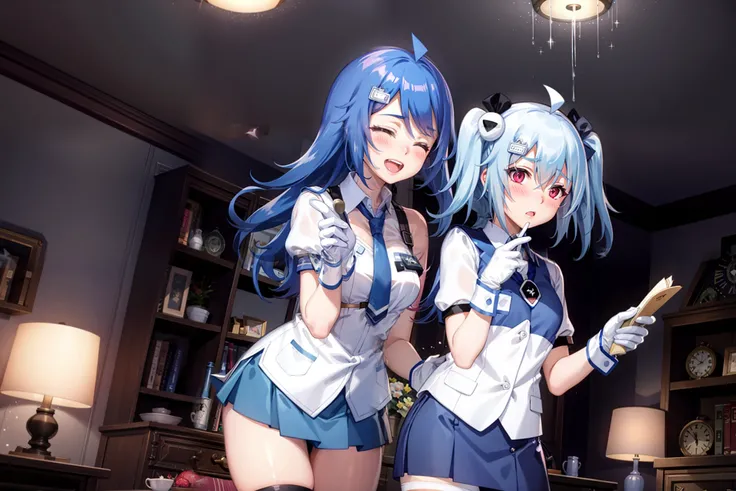 masterpiece, best quality,multiple girls, 2girls, blue hair, closed eyes, gloves, blush, ahoge, heart, necktie, white gloves, hair ornament, open mouth, long hair, red eyes, one side up,(kbxll:0.6)
