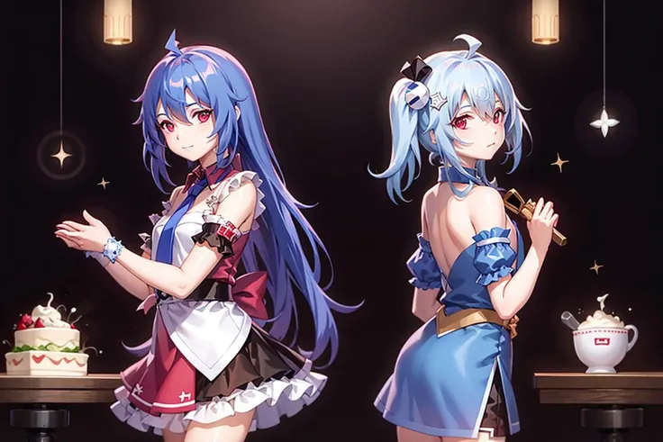 masterpiece, best quality,bilibili,multiple girls, red eyes, long hair, blue hair, necktie, one side up, ahoge, short sleeves, looking at viewer, closed mouth,(kbxll:0.6)