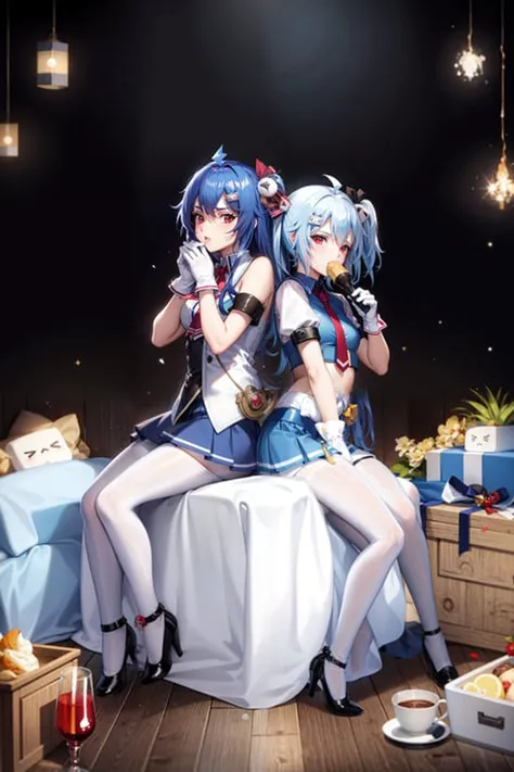 masterpiece, best quality,multiple girls, 2girls, blue hair, thighhighs, red eyes, long hair, gloves, skirt, ahoge, hair ornament, white gloves, pantyhose,(kbxll:0.6)