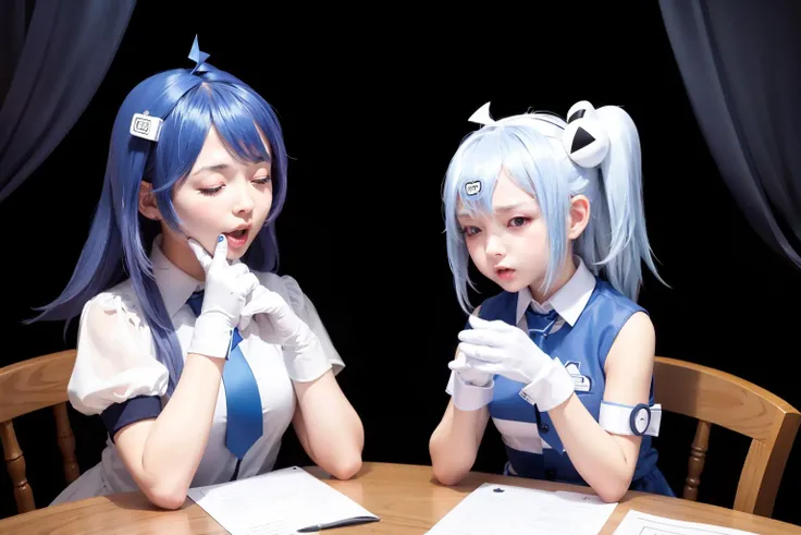 masterpiece, best quality,multiple girls, 2girls, blue hair, closed eyes, gloves, blush, ahoge, heart, necktie, white gloves, hair ornament, open mouth, long hair, red eyes, one side up