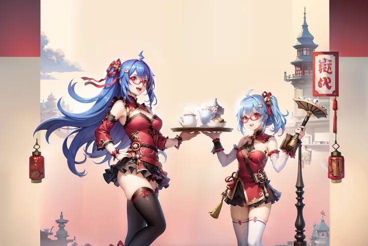 masterpiece, best quality,nsfw,multiple girls, 2girls, red-framed eyewear, blue hair, thighhighs, red footwear, semi-rimless eyewear, under-rim eyewear, red dress, glasses, detached sleeves, dress, breasts, holding, standing, red eyes, ahoge, red ribbon, smile, hair ribbon, open mouth, chinese clothes, ribbon,(kbxll:0.6)