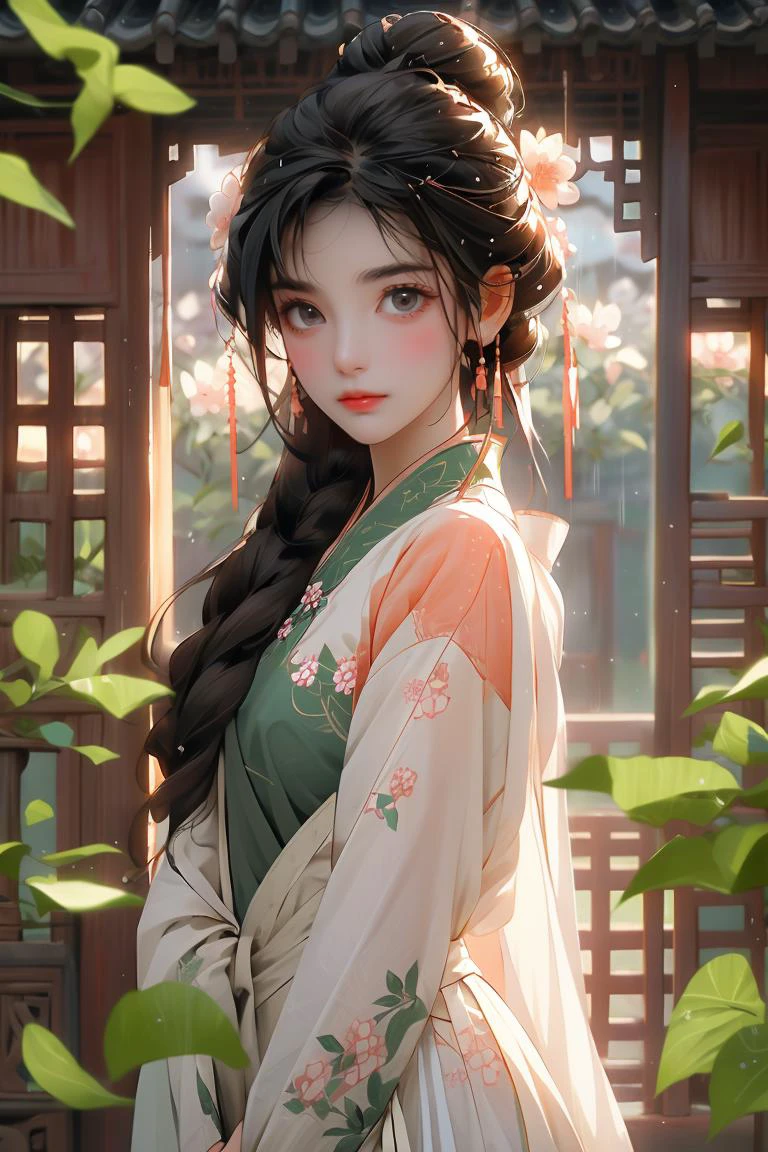 <lora:C_hanfu:1>, -Eyebrows are like willow leaves in early spring, often containing rain and hatred; face islike peach blossoms in March, hiding the moonlight. The slender waist is graceful, and therestrained swallows are lazy: The jade appearance is enchanting, and the flowers explainthe lanquage, and the fragrance is graceful and graceful..
