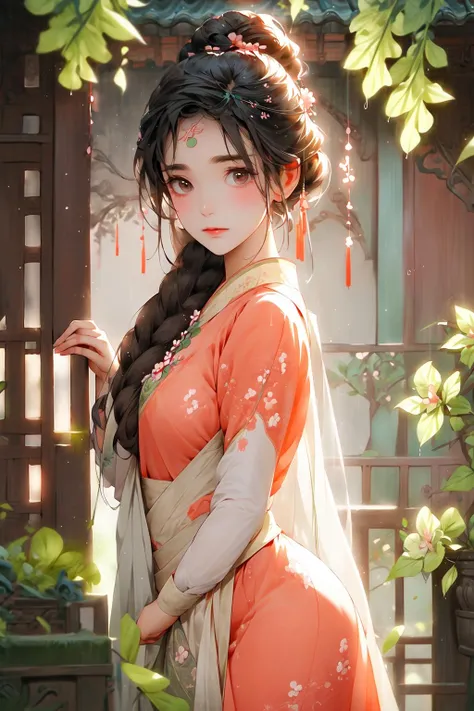 <lora:C_hanfu:1>, -Eyebrows are like willow leaves in early spring, often containing rain and hatred; face islike peach blossoms in March, hiding the moonlight. The slender waist is graceful, and therestrained swallows are lazy: The jade appearance is enchanting, and the flowers explainthe lanquage, and the fragrance is graceful and graceful..