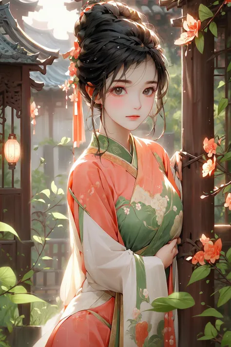 <lora:C_hanfu:1>, -Eyebrows are like willow leaves in early spring, often containing rain and hatred; face islike peach blossoms in March, hiding the moonlight. The slender waist is graceful, and therestrained swallows are lazy: The jade appearance is enchanting, and the flowers explainthe lanquage, and the fragrance is graceful and graceful..