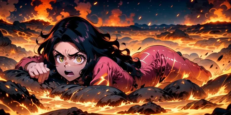 ((top quality, 8k wallpaper)),(masterpiece, best quality),extremely detailed,high definition,(official art:1.3),(((anime screencap,black outline))),<lora:more_details:0.3>, 1girl, BREAK (parted bangs:1.6), <lora:ETO_OC:0.2> ETO-OC, <lora:ETO_OCC006:0.5>, ETO_OCC, (curly hair:1.3), (long hair), black hair, thick eyebrows, pale skin, curvy, (plump), (hazel eyes:1.3), looking at viewer, mature female, dress, BREAK <lora:moltenRockBath:0.4>,(((glowing,melting, burning body,fire,in molten rock))), angry, screaming, partially submerged, lava, <lora:r1ge - AnimeRage:1> r1ge, from above, open mouth, roaring,