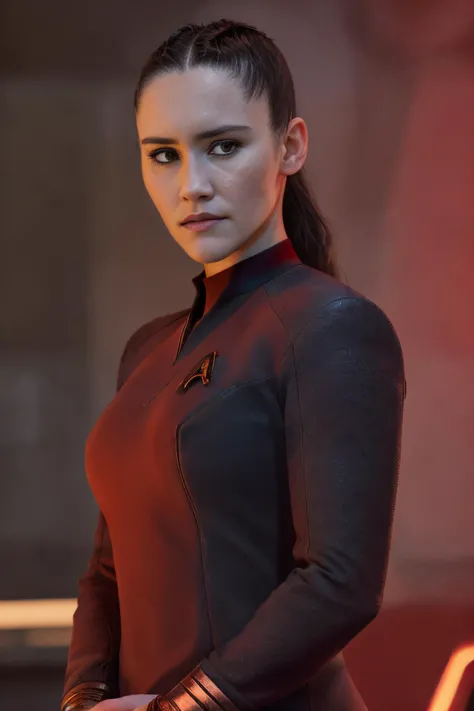front medium (chr1sch0ng:0.99) a woman kneeling, (red stsnwunf uniform),<lora:STSNW1024:1>, aesthetic lighting dark studio, bokeh, beautiful face, narrowed eyes. smirk. black braided hair, small tits