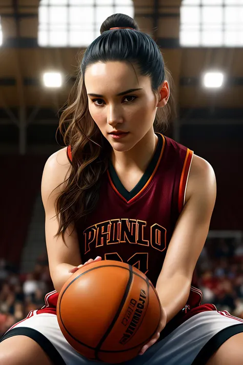 photo of (chr1sch0ng:0.99), a woman as a sexy basketball player, ((perfect hair)), modelshoot style, (extremely detailed CG unity 8k wallpaper), photo of the most beautiful artwork in the world, professional majestic oil painting by Ed Blinkey, Atey Ghailan, Studio Ghibli, by Jeremy Mann, Greg Manchess, Antonio Moro, trending on ArtStation, trending on CGSociety, Intricate, High Detail, Sharp focus, dramatic, photorealistic painting art by midjourney and greg rutkowski, (basketball_uniform:1.2), (basketball shorts:1.2), (sneakers), (on the basketball_court ), (( dribbling_\(basketball\) )), (basketball), ((in a basketball stadium )), (( crowd sitting on the bleachers )), (basketball game), (looking at viewer), (detailed pupils:1.3), (modern outfit:1.2), (closeup), colourful lips, (eye shadow)