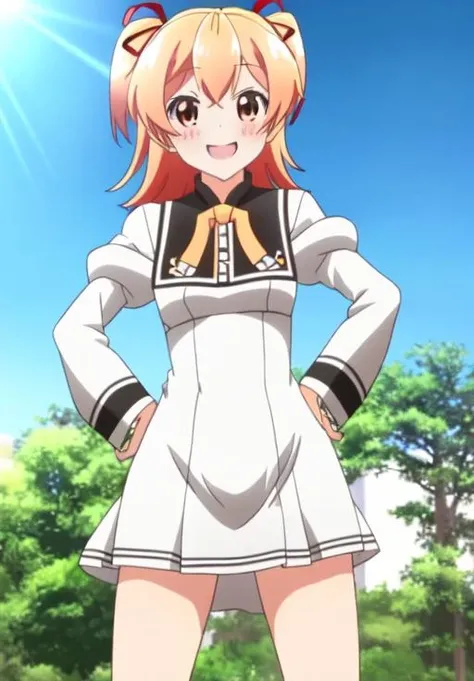 <lora:tenkuubashi_aika:0.8>, tenkuubashi_aika, 1girl, solo, blush, smile, dress, ribbon, school uniform, hands on hips