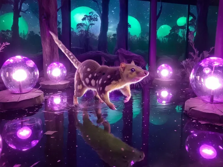 <lora:quoll_xl:0.7>  a quoll running in the pond under lamps in the forest, beautiful glass aquarium  <lora:AeroXL:0.5> green spheres, purple glow sticks sky, mile high restaurant