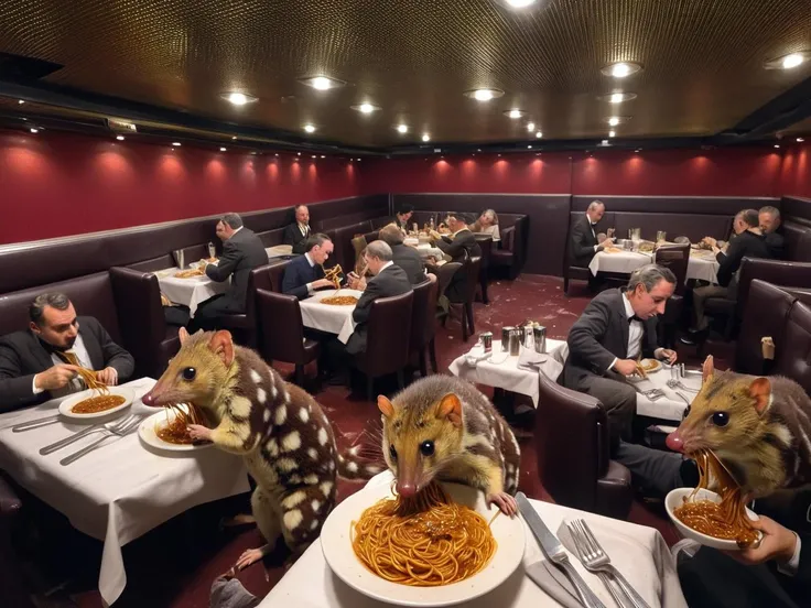 <lora:quoll_xl:0.7> quolls eating spaghetti in a mile high restaurant in paris, wide view in a crowded venue <lora:AeroXL:0.5>