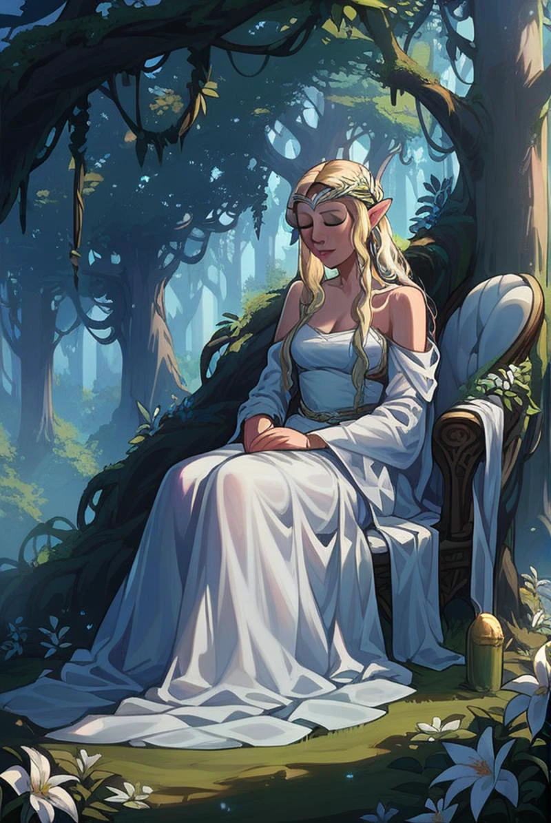score_9,score_8_up,score_7_up,score_6_up,score_5_up,score_4_up <lora:Smooth Night Style SDXL_LoRA_Pony Diffusion V6 XL:0.7> 1girl <lora:Galadriel_PonyV3:1> galadriel, elf, long hair, blonde hair, tiara, forest, lothlorien scenery, fantasy, solo, relaxing, sitting on white chair