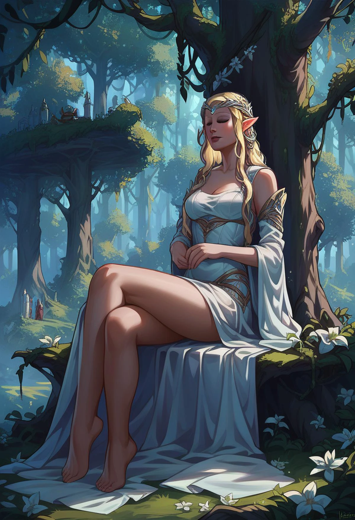 score_9,score_8_up,score_7_up,score_6_up,score_5_up,score_4_up <lora:Smooth Night Style SDXL_LoRA_Pony Diffusion V6 XL:0.7> 1girl <lora:Galadriel_PonyV3:1> galadriel, elf, long hair, blonde hair, tiara, forest, lothlorien scenery, fantasy, solo, relaxing, sitting on white chair