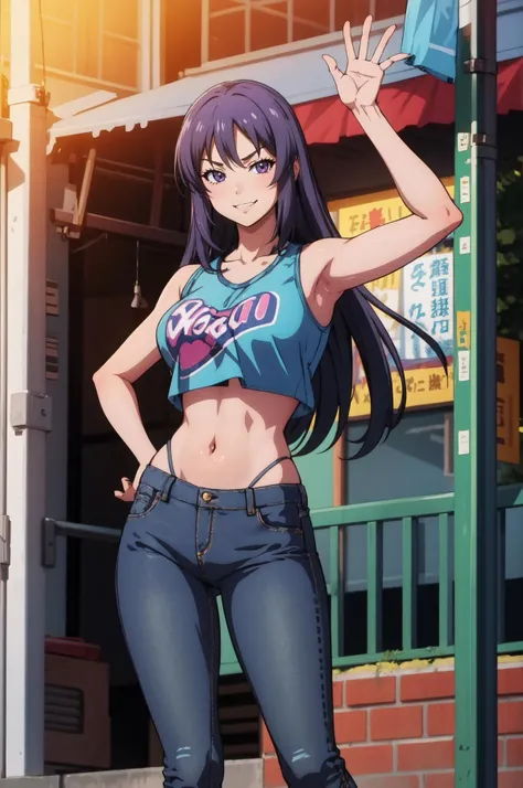 (masterpiece, best quality), outdoors, standing, looking at viewer, smirk, <lora:Kyouko TsukishimaV2:.8>, fwkyouko, Skinny jeans, sneakers, crop top