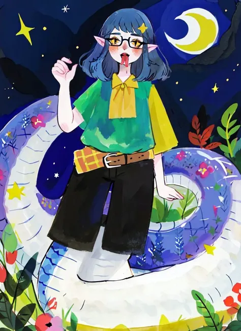 ((best quality)), ((highly detailed)), masterpiece, extremely detailed face, beautiful face, , (1girl), (glasses), full body, ((very wide shot)), ((halterneck, pants rolled up, bare foot)), <lora:aiomonstergirls_aiov4LoraLycoris:.5>, <lora:animeLamia_v10:1>, (lamia), scales, tail, merged at waist, standing, (dark blue hair, dark blue scales), yellow eyes, <lora:slit-pupils:1>, snake eyes, punk hair, pointy ears, <lora:slittongue:1>, (slittongue), open mouth, tongue out, (outdoors, in a garden, evening, night sky, stars, half moon, shooting star, hurricane), <lora:J_drawing:1>, j_drawing