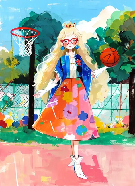 ((best quality)), ((highly detailed)), , <lora:more_details:.3>, (1girl), (glasses), dynamic pose, upper body, ((royal robe, maxi skirt, bridal gauntlets)), <lora:ppeach:1>, blonde hair, long hair, blue eyes, crown, earrings, smiling, (pink dress), white elbow gloves, holding umbrella, pink umbrella, (outdoors, at a basketball court, noon, hurricane), <lora:J_drawing:1>, j_drawing