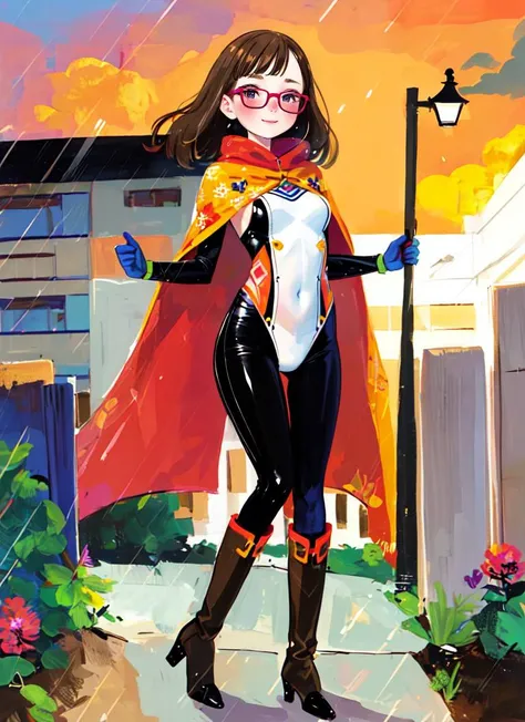 ((best quality)), ((highly detailed)), masterpiece, extremely detailed face, beautiful face, , <lora:more_details:.2>, (1girl), (glasses), dynamic pose, full body, superhero, spandex bodysuit, skin tight clothes, long cape, gloves, knee boots, (flying), smile, (outside, <lora:school_outdoors_v0.2:1>, at a school, building, gate, fence, sunset, raining), <lora:J_drawing:.9>, j_drawing
