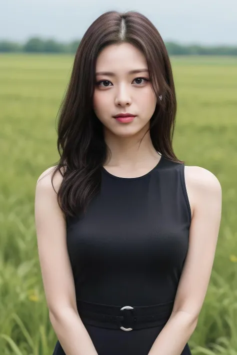 yuna1, a woman, (realistic), (hyperrealism), (photorealistic), depth of field, eye makeup:0.8, (upper body:1.2), (narrow waist), looking at the viewer, black dress, at the field, <lora:httpyuna:0.45>