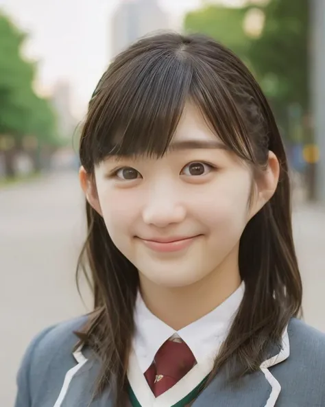 a picture of m0mo15, brunette, realistic, photorealistic, detailed skin, surface scattering, bokeh, skin pores, city streets,wearing a uniform,outdoors, <lora:m0mo15:1>looking at viewer, epiCPhoto,subtle smile