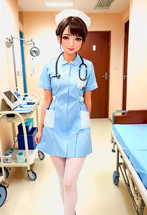 light particles, soft lighting, volumetric lighting, intricate details, very high detail, full body shot, 1girl, small breasts, solo, mature, tall, long eyelashes, thick eyelashes, brown eyes, flirting, light smile, :3, blush, lipstick, makeup, jewelry, collarbone, nurse uniform smooth (covered nipples:0.2), nurse hat, stethoscope, kafka, white pantyhose, Perfect Hands, perfecteyes, posing in hospital ward, <lora:add-detail-xl:3>, <lora:chest_adjust:-2>, <lora:PerfectEyesXL:1>, <lora:Perfect Hands:1>, <lora:nurse_uniform_xl_v1_1:1>