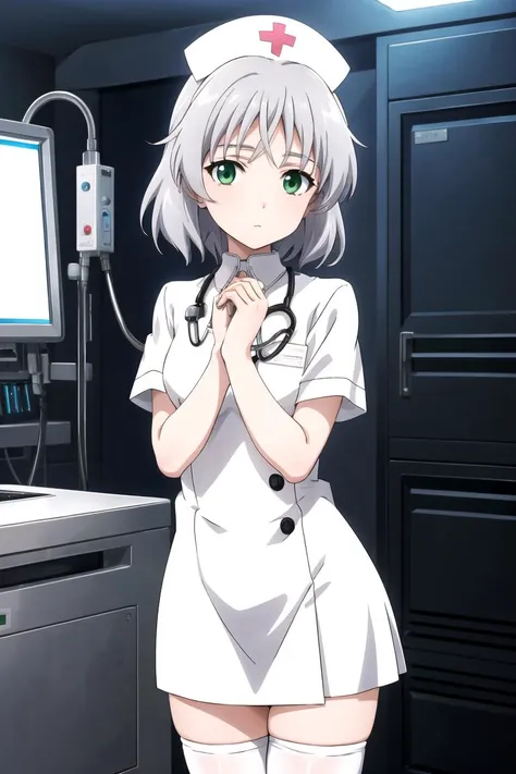 (masterpiece, best quality, glowing light, glistening, shiny skin, ultra detailed, detailed background),(perfect face, detailed face, detailed eyes,perfect hands,perfect fingers), <lora:GoodHands-vanilla:1>
masterpiece,best quality,highres,ultra-detailed,aasanya,short hair,green eyes,<lora:Sanya_v_Litvyak:0.6>
1girl,  natural lighting
hospital, operating room, 
(((White))) nurse uniform smooth, nurse, nurse hat, stethoscope, 
kafka, white thighhighs, 
 <lora:nurse_uniform_xl_v1_1:1>, masterpiece, best quality, cowboy shot, 
 2D, (anime:1.2), (anime screencap), very aesthetic, highres, absurdres, [[[glistening skin]]], sharp highlight, amazing quality, very aesthetic, absurdres