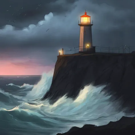 a drawing of a lighthouse on a cliff next to raging waves on a stormy night drawn by samdoesarts <lora:samedoesarts:1>