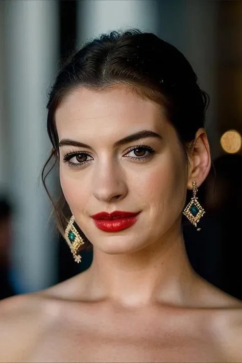 Realistic photo of a beautiful 4nn3h-v2 woman, 1girl, solo, looking at viewer, smile, short hair, simple background, brown hair, white background, brown eyes, jewelry, earrings, makeup, lipstick, portrait, realistic, red lips, soft lighting, professional Photography, Photorealistic, detailed, RAW, analog, sharp focus, 8k, HD, DSLR, high quality, Fujifilm XT3, film grain, award winning, masterpiece<lora:4nn3h-v2:1.0>