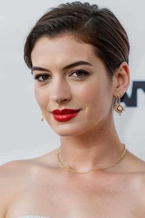 Realistic photo of a beautiful 4nn3h-v2 woman,   1girl, solo, looking at viewer, smile, short hair, simple background, brown hair, white background, brown eyes, jewelry, earrings, makeup, lipstick, portrait, realistic, red lips, soft lighting, professional Photography, Photorealistic, detailed, RAW, analog, sharp focus, 8k, HD, DSLR, high quality, Fujifilm XT3, film grain, award winning, masterpiece<lora:4nn3h-v2:1.0>