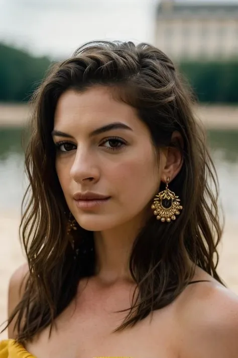 Realistic photo of a beautiful 4nn3h-v2 woman, 1girl, solo, long hair, looking at viewer, simple background, brown hair, bare shoulders, brown eyes, jewelry, upper body, earrings, lips, realistic, soft lighting, professional Photography, Photorealistic, detailed, RAW, analog, sharp focus, 8k, HD, DSLR, high quality, Fujifilm XT3, film grain, award winning, masterpiece<lora:4nn3h-v2:1.0>