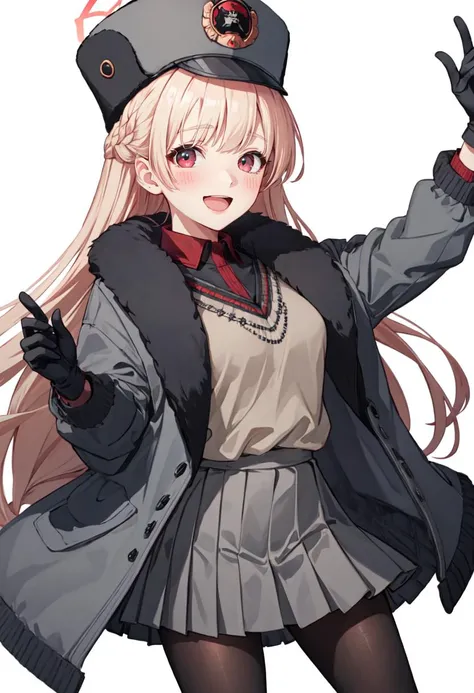 best quality, masterpiece, highres, solo, (nodoka_bluearchive:1.10), 1girl, long sleeves, jacket, smile, blush, looking at viewer, coat, fur trim, open clothes, open mouth, collared shirt, grey headwear, pleated skirt, holding, simple background, sweater, black pantyhose, grey gloves, white background, grey skirt, 0 <lora:nodoka_bluearchive:0.80>