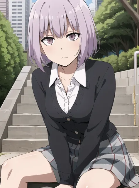 atgons, absurdes, best quality, sitting, stairs, 1girl, sigh, silver eyes, buzz cut, purple hair, dress shirt, plaid skirt, park, trees, bushes, city backdrop, high quality, 2d art style, digital illustration