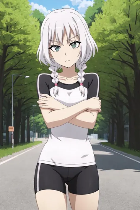atgons, anime screencap, absurdes, best quality, cowboy shot, 1girl, bored, hazel eyes, tri braids, white hair, arms crossed, crossed arms, sukajan, bike shorts, park, trees, bushes, city backdrop, high quality, 2d art style, digital illustration, poster art