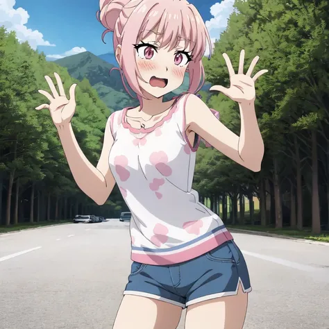 atgons, anime screencap, absurdes, best quality, cowboy shot, 1girl, full-face blush, pink eyes, hair up, cyan hair, hands up, halterneck, shorts, park, trees, bushes, city backdrop, high quality, 2d art style, digital illustration, poster art