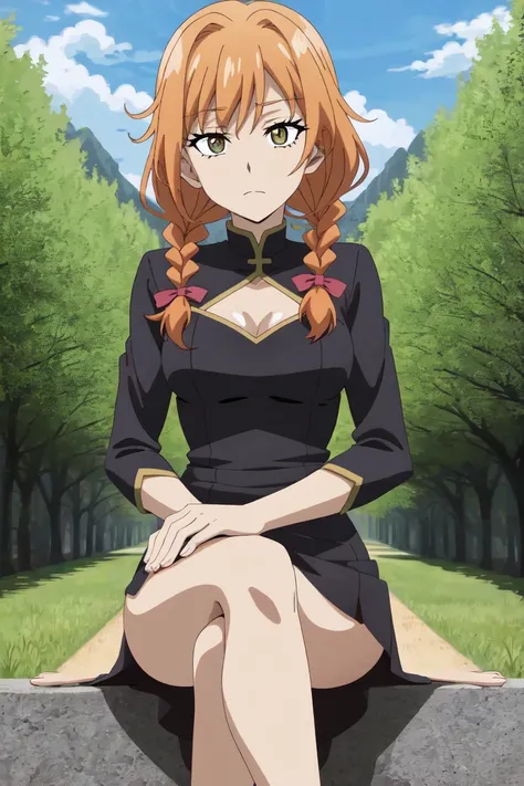 atgons, anime screencap, absurdes, best quality, cowboy shot, 1girl, hazel eyes, twin braids, orange hair, sitting, crossed legs, park, trees, bushes, city backdrop, high quality, 2d art style, digital illustration, poster art
