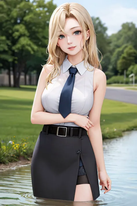 (masterpiece, best quality:1.2), <lyco:kancolle_hornet-10:1.0>, cowboy shot, solo, 1girl, kchornet, smile, closed mouth, looking at viewer, wading, white shirt, dress shirt, black necktie, sleeveless, black skirt, pencil skirt, pantyhose, black belt