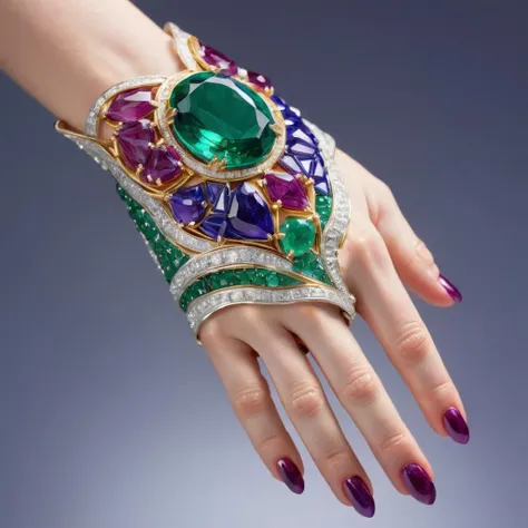 An exquisite glove, meticulously crafted from a myriad of shimmering gemstones. The glove should fit snugly on a hand, with each finger adorned with a different type of gem â sapphires, emeralds, rubies, diamonds, and amethysts. The back of the glove should feature intricate patterns made of smaller gemstones, creating a dazzling mosaic. The gemstones should catch and reflect light, making the glove sparkle with every movement. The overall design should exude opulence and luxury, reminiscent of royal or ceremonial attire. The photograph's quality should be of high resolution, capturing the intricate details, colors, and the luminosity of each gemstone,<lora:ggmine:0.45>,ggmine