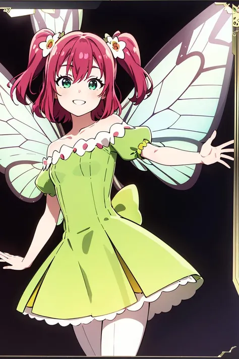 ((masterpiece,best quality)), absurdres,
<lora:Ruby_Genjitsu_no_Yohane:0.7>, Ruby_Genjitsu_no_Yohane,  green dress,  yellow dress, butterfly wings, fairy, 
solo, smiling, looking at viewer, cowboy shot,
cinematic composition, dynamic pose,