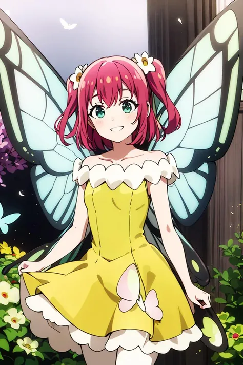 ((masterpiece,best quality)), absurdres,
<lora:Ruby_Genjitsu_no_Yohane:0.7>, Ruby_Genjitsu_no_Yohane,  green dress,  yellow dress, butterfly wings, fairy, 
solo, smiling, looking at viewer, cowboy shot,
cinematic composition, dynamic pose,