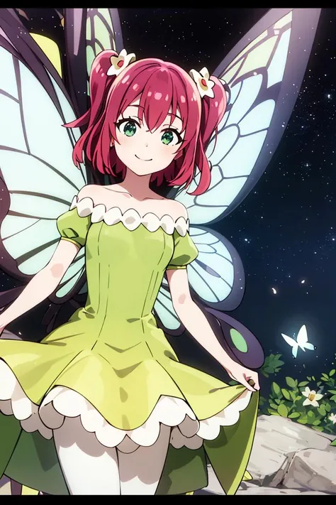 ((masterpiece,best quality)), absurdres,
<lora:Ruby_Genjitsu_no_Yohane:0.7>, Ruby_Genjitsu_no_Yohane,  green dress,  yellow dress, butterfly wings, fairy, 
solo, smiling, looking at viewer, cowboy shot,
cinematic composition, dynamic pose,