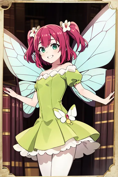 ((masterpiece,best quality)), absurdres,
<lora:Ruby_Genjitsu_no_Yohane:0.8>, Ruby_Genjitsu_no_Yohane, green dress, butterfly wings, fairy,
solo, smiling, looking at viewer, cowboy shot,
books in background, cinematic composition, dynamic pose,