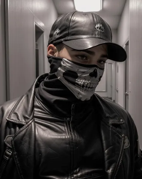 <lora:Skull_Mask:0.8>, masterpiece, best quality, young man wearing a skull mask, baseball cap, leather jacket, in a school hallway, intricate detail, atmospheric, dramatic