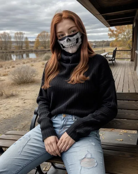 <lora:Skull_Mask:0.8>, masterpiece, best quality, redhead woman wearing a skull mask, long hair, black sweater and jeans, sitting on a bench, intricate detail, atmospheric, dramatic