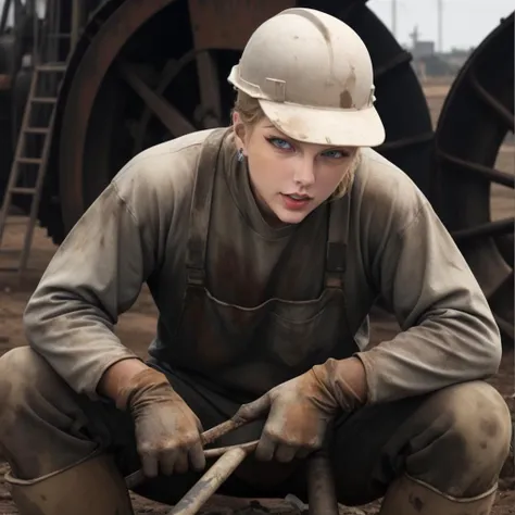 Dirty worker of the oil industry, long sleeve, hard work, tiresome, Clean face of Taylor Swift sks woman with perfect makeup <lora:lora_taylor_v1_from_v1_160:1>