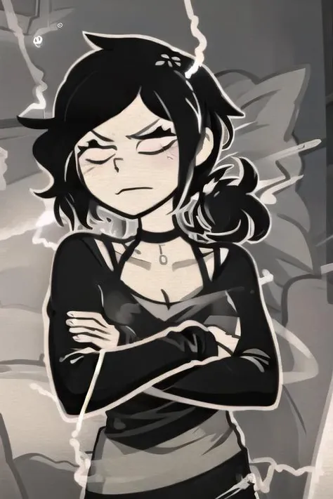 <lora:LowTierMeme:1>, lightning bolts, crossed arms, lightning, <lora:ashleyvk:1>, colored, black hair