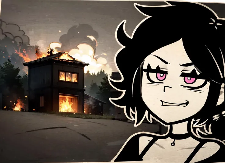 masterpiece, high quality, absurdres, 1girls, <lora:ashleyvk:0.9> ashleyvk:1.3 on the street in front of a burning house ADDBASE
(burning house, engulfed in flames):1.3, residential street, lawn, cloudy day ADDCOL
ashleyvk, facing left:1.2, looking over left shoulder at viewer, (pink eyes, shining eyes):1.3, (wicked, evil) smile, black hair, medium hair, low ponytail, one ponytail, choker:1.2